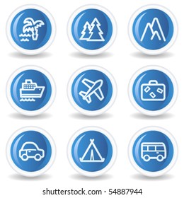 Travel web icons set 1, blue glossy circle buttons