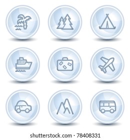 Travel web icons set 1, light blue glossy circle buttons