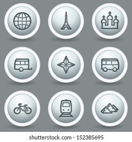 Travel web icons set 2, circle grey matt buttons