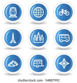 Travel web icons set 2, blue glossy circle buttons