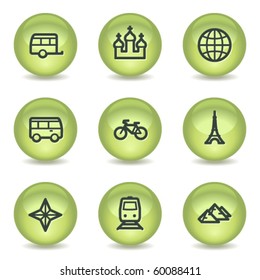Travel web icons set 2, green glossy circle buttons