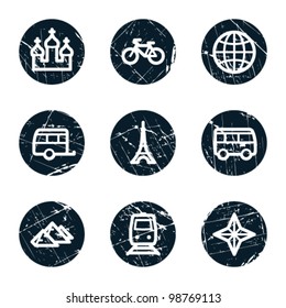 Travel web icons set 2, grunge circle buttons
