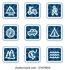 Travel web icons set 3, navy square buttons