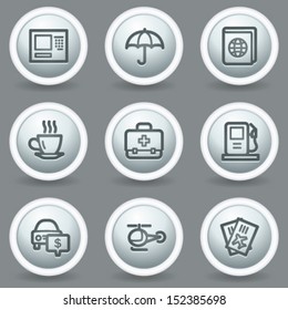Travel web icons set 4, circle grey matt buttons