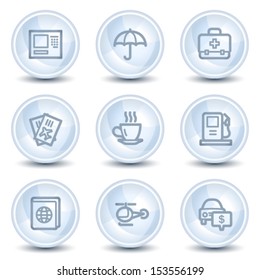 Travel web icons set 4, light blue glossy circle buttons
