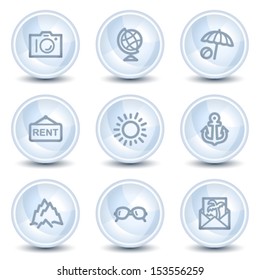 Travel web icons set 5, light blue glossy circle buttons