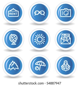 Travel web icons set 5, blue glossy circle buttons