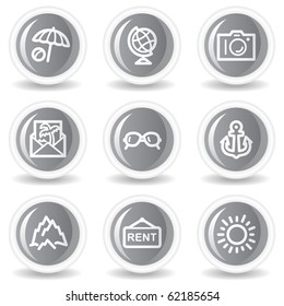 Travel web icons set 5, circle grey glossy buttons