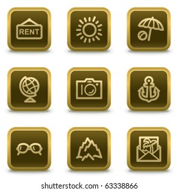 Travel web icons set 5, square brown buttons