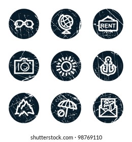 Travel web icons set 5, grunge circle buttons