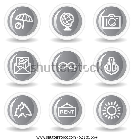 Travel web icons set 5, circle grey glossy buttons