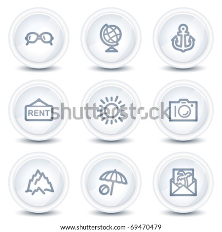Travel web icons set 5, white glossy circle buttons