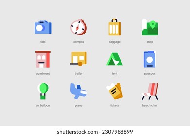 Viaje de iconos web ajustados en diseño plano. Pictogramas vectoriales para la interfaz de la aplicación móvil