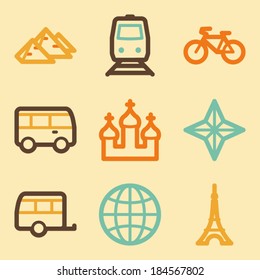 Travel web icons set in retro style 