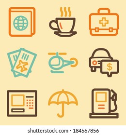 Travel web icons set in retro style 