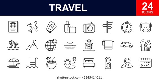 Juego de iconos de la web de viajes. Viajar y turismo - colección simple de iconos de línea delgada. Con vacaciones de verano, vacaciones, tour, hotel, aeropuerto, viaje y más. Conjunto simple de iconos web