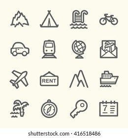 Travel web icons.  Vacation and transport, booking and delivery symbol, vector signs