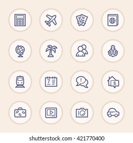 Travel web icons.  Vacation and transport, booking and delivery symbol, vector signs