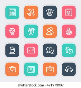 Travel web icons.  Vacation and transport, booking and delivery symbol, vector signs
