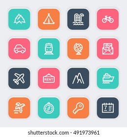 Travel web icons.  Vacation and transport, booking and delivery symbol, vector signs