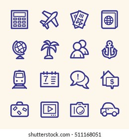 Travel web icons.  Vacation and transport, booking and delivery symbol, vector signs
