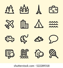 Travel web icons.  Vacation and transport, booking and delivery symbol, vector signs