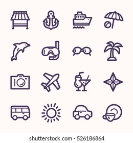 Travel web icons.  Vacation and transport, booking and delivery symbol, vector signs