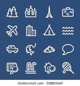 Travel web icons.  Vacation and transport, booking and delivery symbol, vector signs