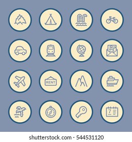 Travel web icons.  Vacation and transport, booking and delivery symbol, vector signs