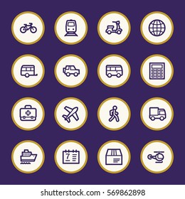 Travel web icons.  Vacation and transport, booking and delivery symbol, vector signs