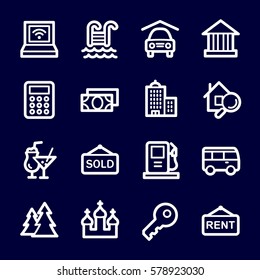 Travel web icons.  Vacation and transport, booking and delivery symbol, vector signs