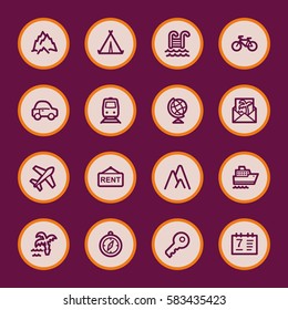Travel web icons.  Vacation and transport, booking and delivery symbol, vector signs