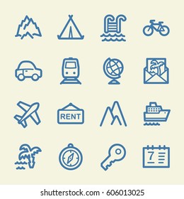 Travel web icons.  Vacation and transport, booking and delivery symbol, vector signs