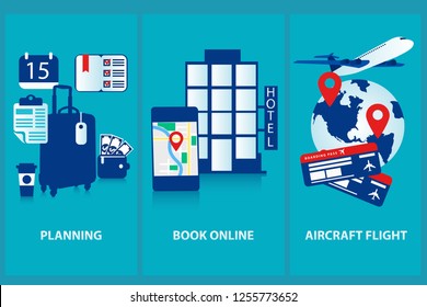 Travel web infographic. Modern blue interface UX UI GUI screen template for smart phone or web site, website banners. Plan your vacation concept. Eps 10 Vector illustration, Minimalist white blue flat