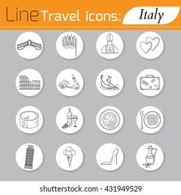 Travel - web line icon set. Attractions, food and culture of Italy.
