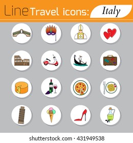 Travel - web line icon set. Attractions, food and culture of Italy.