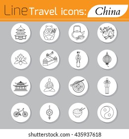 Travel - web line icon set. Attractions, food and culture of China.