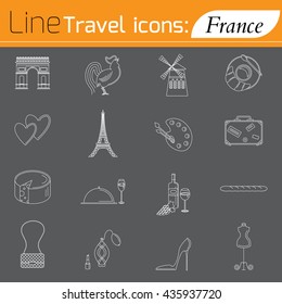 Travel - web line icon set. Attractions, food and culture of France.