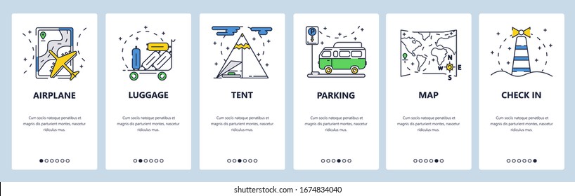 Travel web site and mobile app onboarding screens. Menu banner vector template for website and application development. Travel by plane, bus, hiking, trekking, camping. Thin line art flat style.