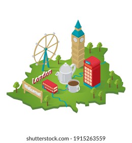 Travel Website Banner with Famous Architectural Isometric Attractions on London Map. Traveling Concept. Social Media Ads.