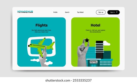 Site de viagem homepage maquete com ilustração pop art e design minimalista. Reserva de voos e hotéis. Modelo vetorial de design da Web de interface do usuário plana moderno.