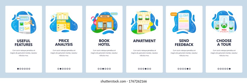 Travel website and mobile app onboarding screens. Menu banner vector template for web site and application development. Hotel booking, price analysis, choosing travel tour for summer vacation.