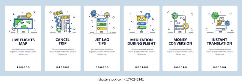 Travel website and mobile app onboarding screens. Menu banner vector template for web site and application development. Live flight map, meditation during flight, jet lag tips, other trip necessities.