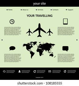 Travel Website Mockup, Infographic Elements – Airplane and World Map Theme with Navigation Menu and Icon-Based Info Blocks. A conceptual travel website layout featuring a light green background with black icons and text. The central theme "YOUR TRAVELLING" is supported by three airplane graphics flying above a world map silhouette. The top navigation menu includes links such as Home, About Us, Services, Contacts, and Support. Below the main graphic are five icons representing travel-related features like time, mobile access, messaging, and information blocks. Additional icons and text areas at the bottom highlight user profiles, synchronization, and customer support. This clean and modern design is ideal for showcasing global connectivity and travel services. Suitable for both commercial and editorial use across print and digital platforms.