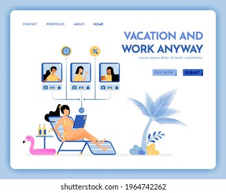 travel website with the theme of vacation and work anyway. virtual meeting on beach with internet service on vacation. Vector design can be used for poster, banner, ads, website, web, marketing, flyer