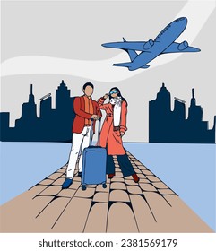 travel, weekend, Christmas, Christmas weekend, avian, city, couple, family, married, travel bag, woman, men, vector, illustration, 