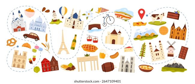 Travel to Western Europe, culture elements and landmarks, Alpine village landscape and food on route of trip. Neuschwanstein Castle and Brandenburg Gate, wind mill and beer cartoon vector illustration