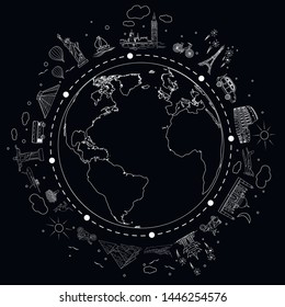 Travel white and black sketch. Earth  with attractions and trip transport. Vector illustration for travel agency and trip banner.