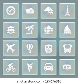 Travel white icons on blue buttons.