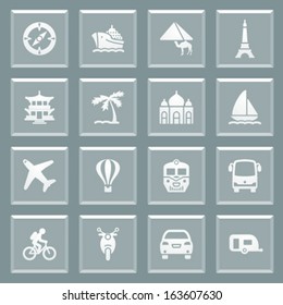 Travel white icons on glass buttons.